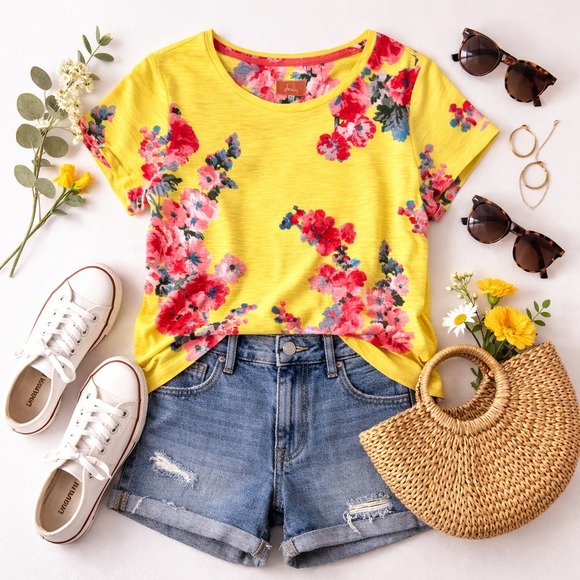 Joules Tops - Cottagecore Floral Tee Joules US 14 Yellow Boho Spring Garden Casual Cotton Top